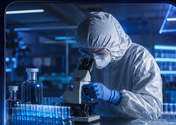 Laborant pracující s mikroskopem